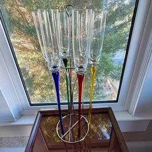 Vintage Hand Blown Champagne Flutes Set with Colored Stems & Metal Holder